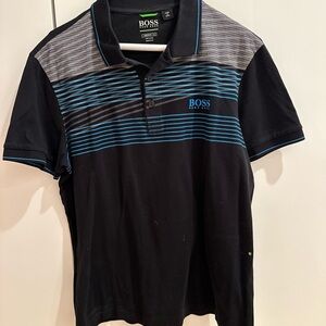 BOSS Men's Polo Shirt in Black and Blue Stripes